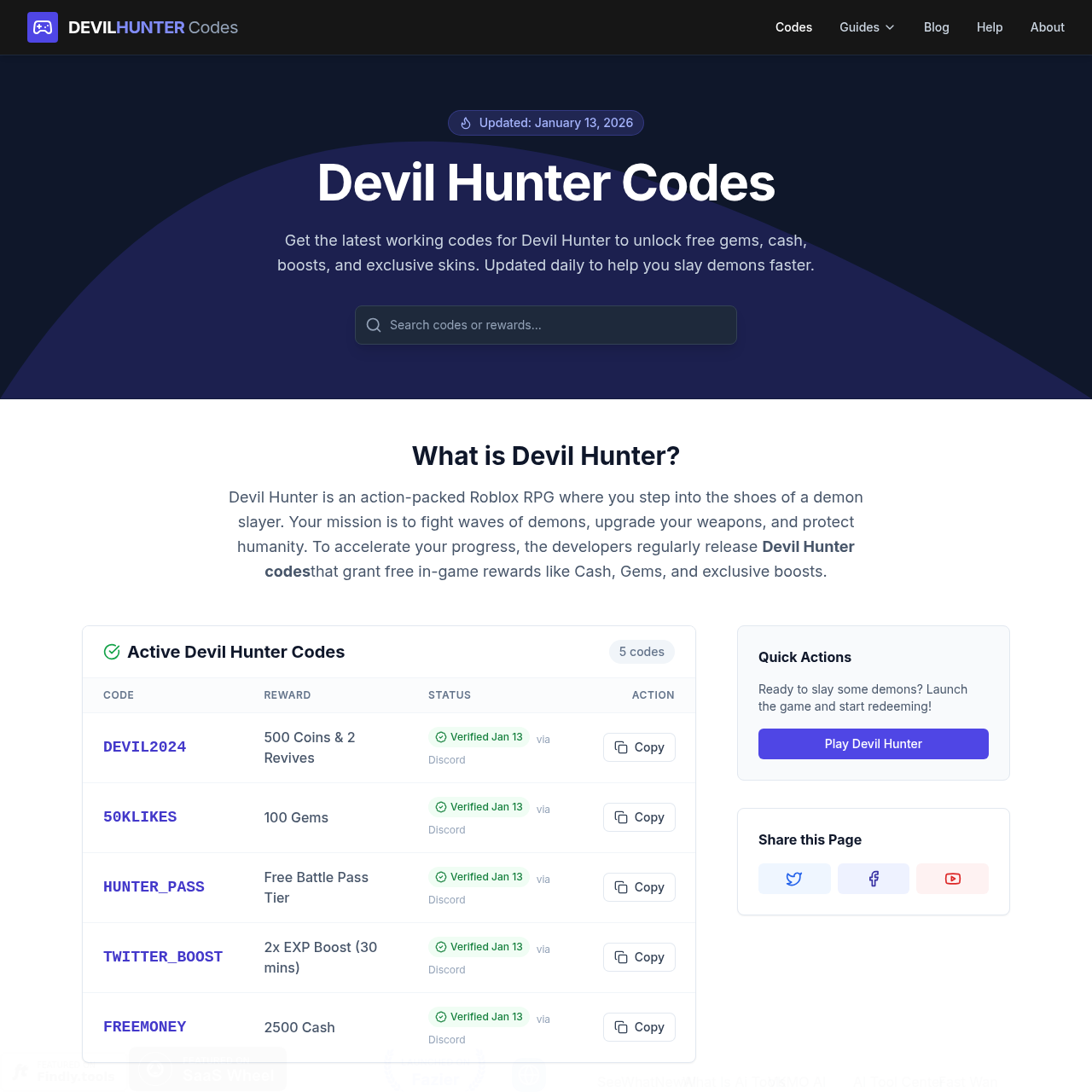 Devil Hunter Codes - All Working Codes (Jan 2026) | GameWiki