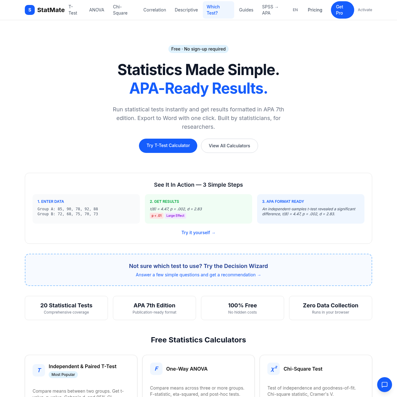 StatMate: Free Online Statistics Calculators with APA Results