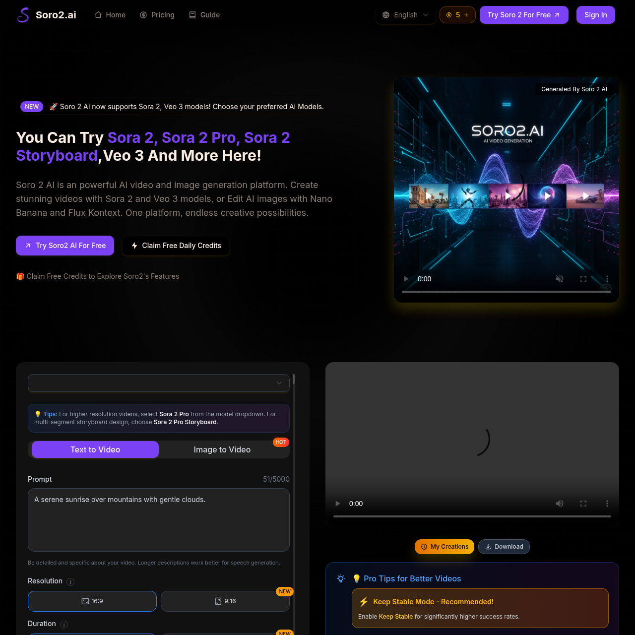 Soro2.ai | AI Video & Image Generator with Sora 2 & Veo 3
