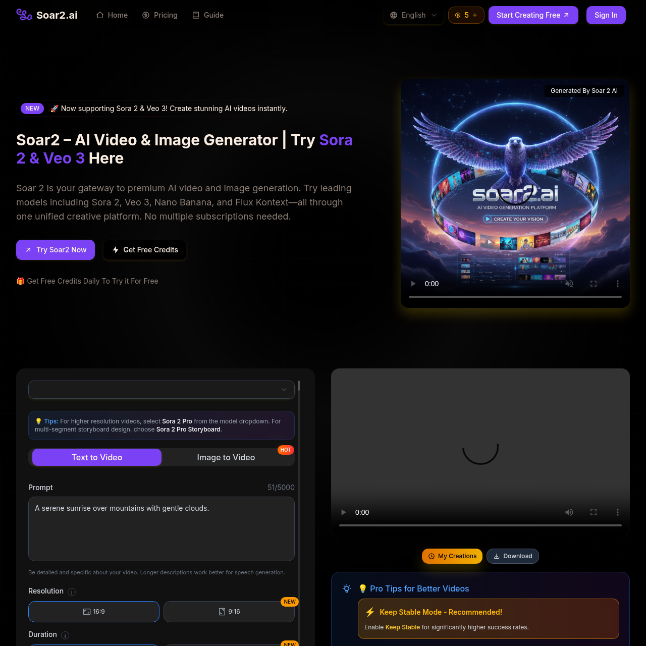 Soar2.ai | AI Video & Image Generator - Sora 2 & Veo 3