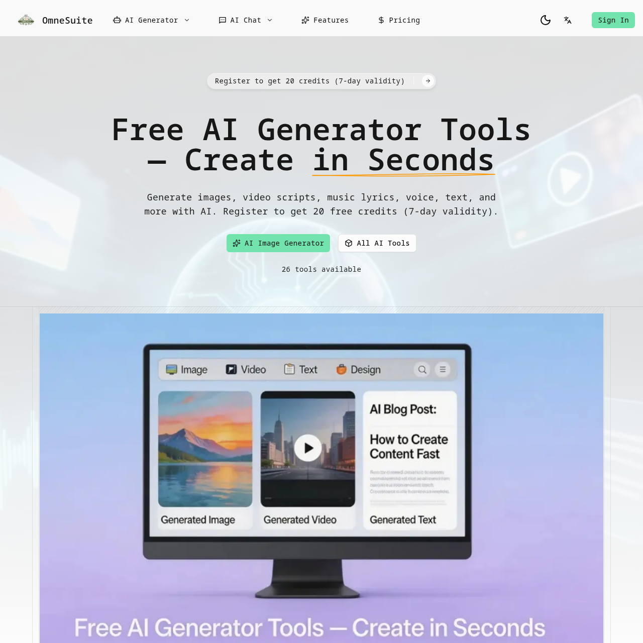 OmneSuite AI Tools — Free AI Image, Video, Music, Voice & Text Generators
