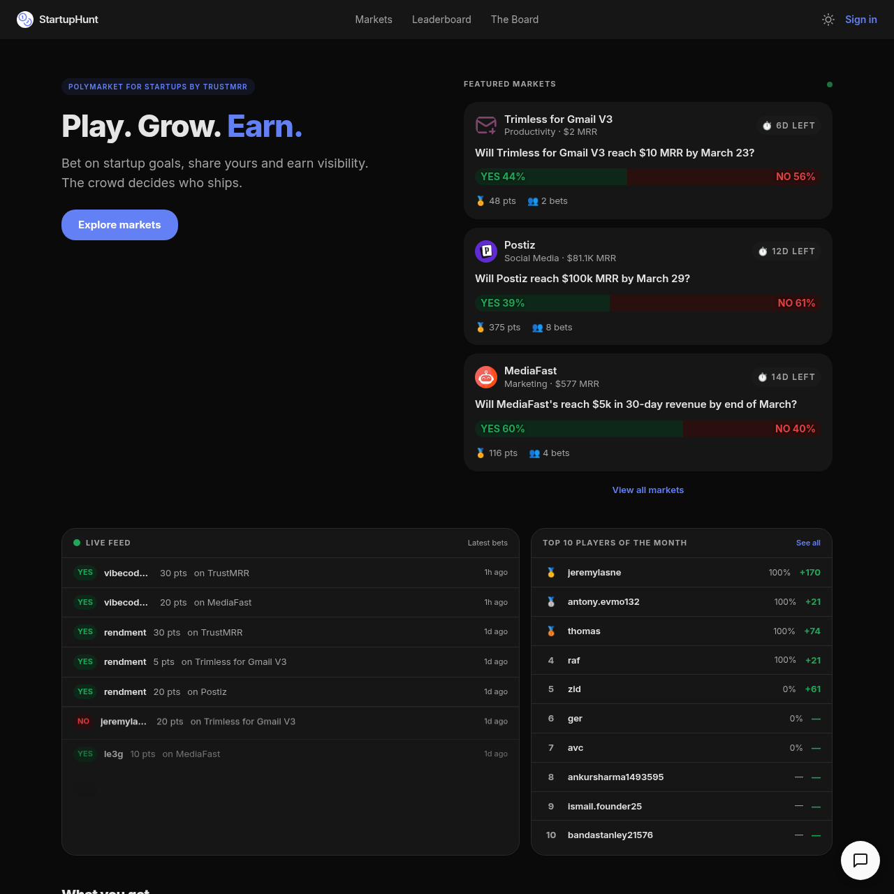 StartupHunt: Indie Startup Prediction Market - Play, Grow, Earn