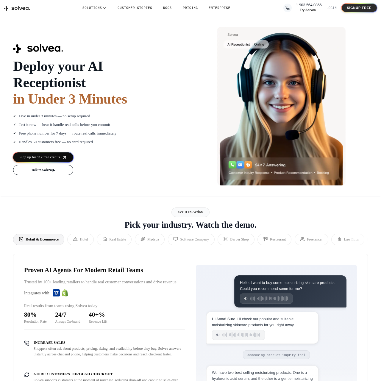 Solvea | No-Code AI Receptionist - Deploy in 3 Minutes, No Setup Required