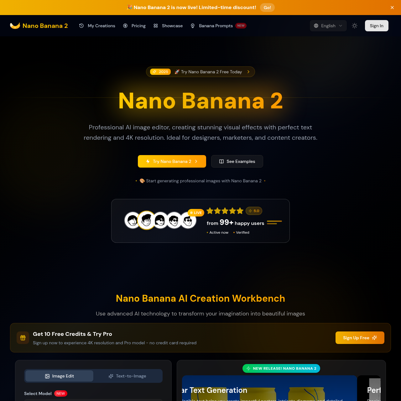 Nano Banana 2: Pro AI Image Generator & Editor - Perfect Text Rendering, 4K Resolution, Free Trial