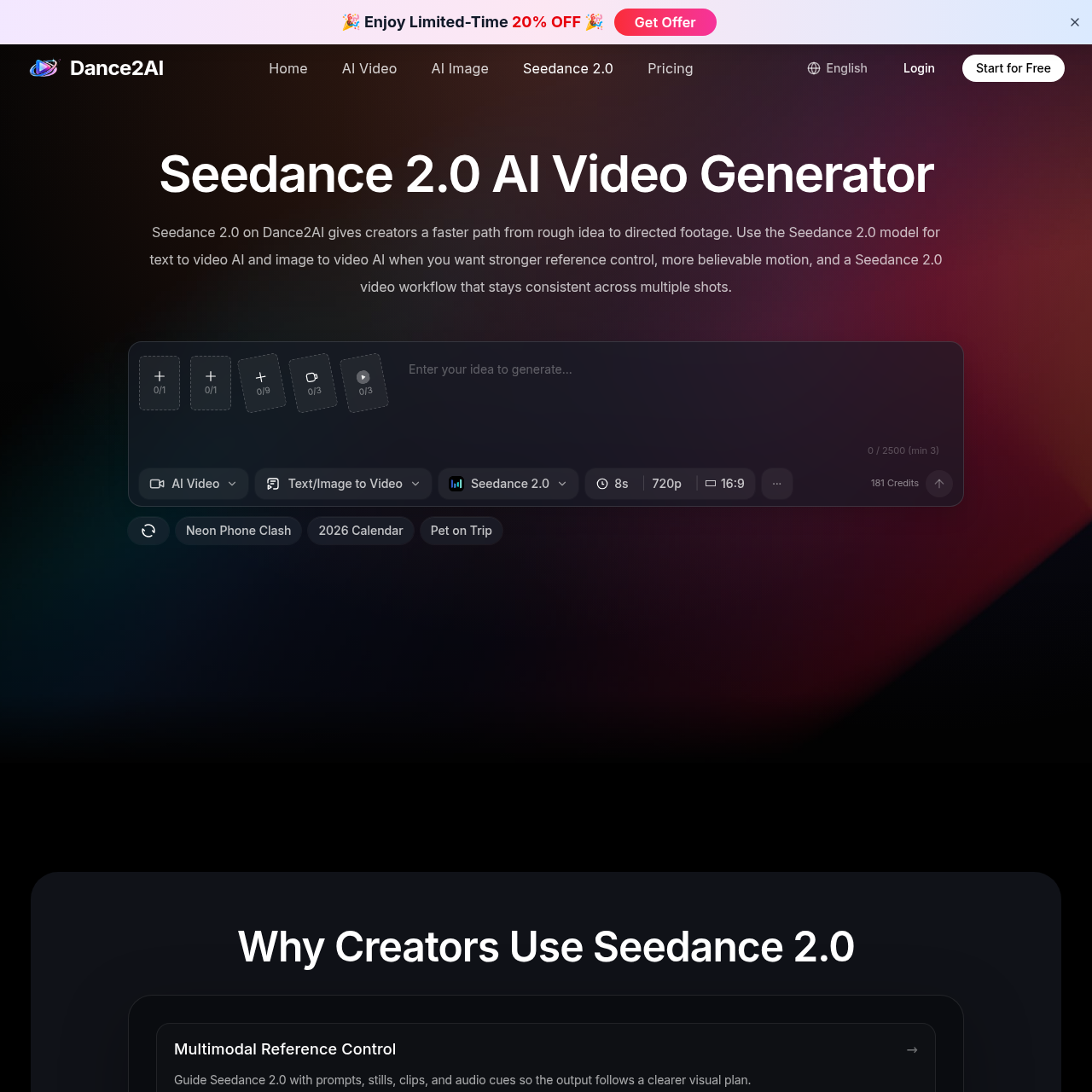 Seedance 2.0 AI Video Generator - Text to Video & Image to Video | Dance2AI