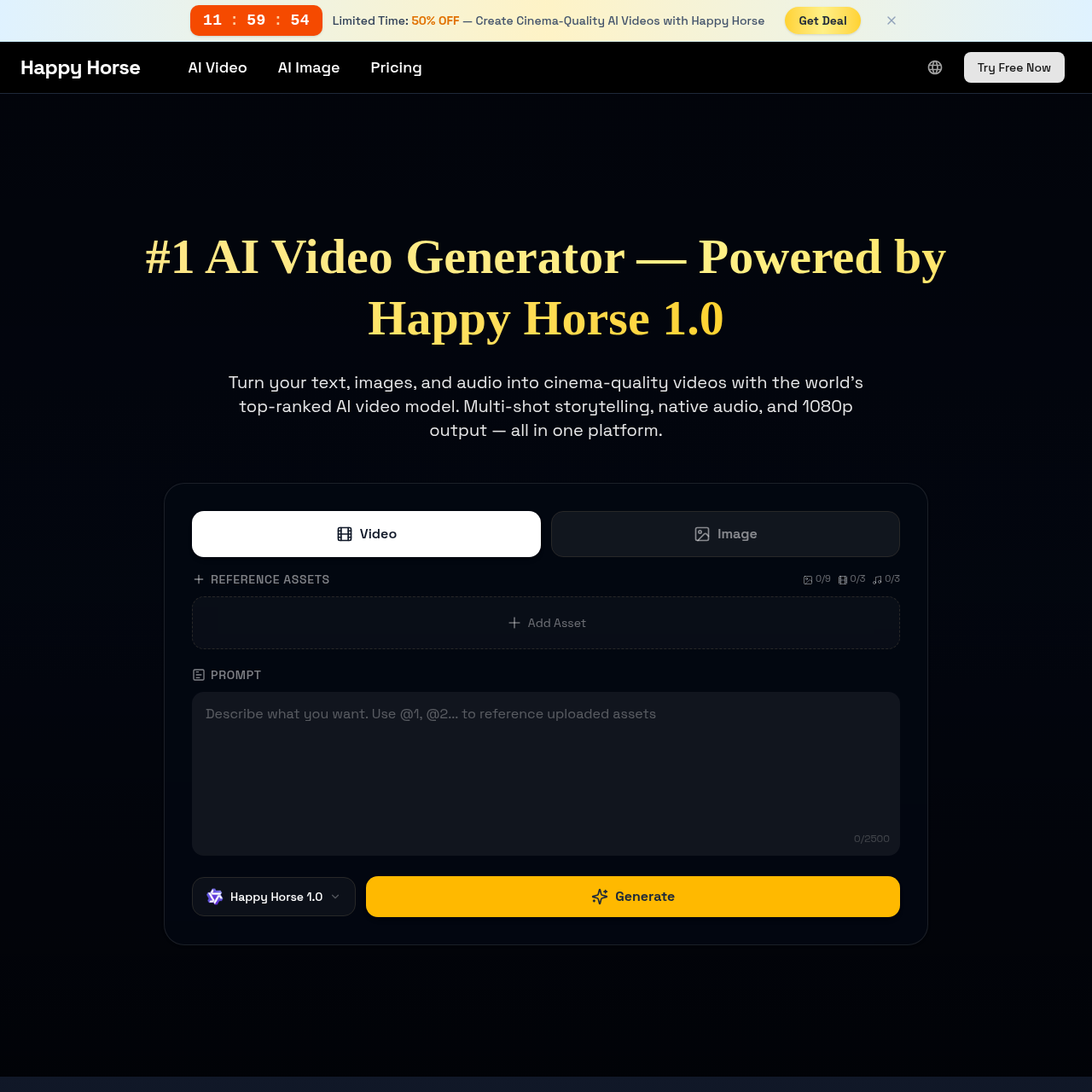 Happy Horse 1.0 - #1 AI Video Generator | Text to Video, Image to Video - Free