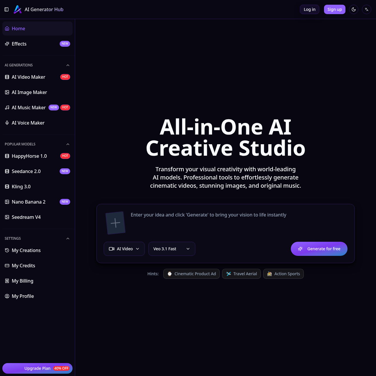 AI Generator Hub: Free AI Video, Image, Music & Voice Generator