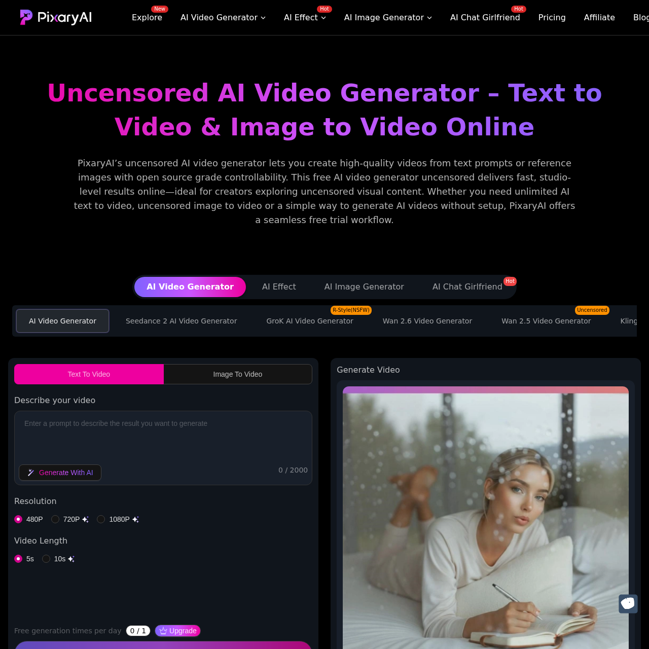 Uncensored Free AI Video Generator: Text-to-Video & Image-to-Video | PixaryAI