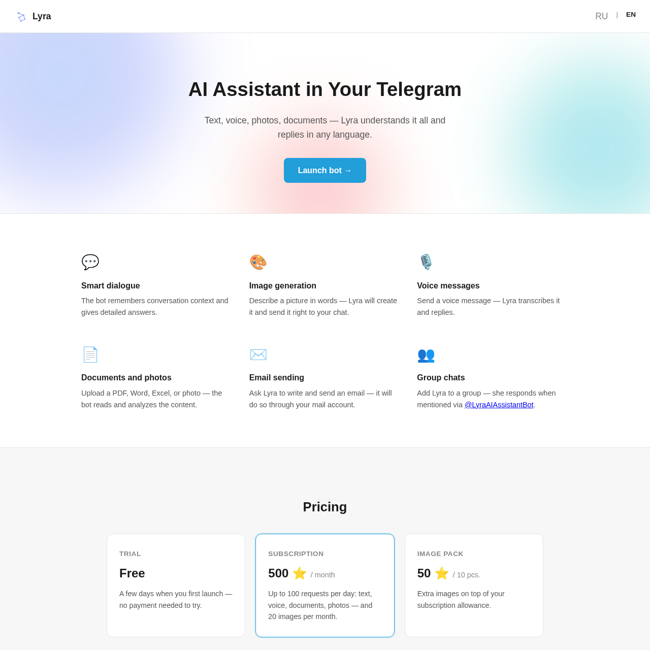Lyra AI - Telegram Assistant: Chat, Voice, Images, Docs & More