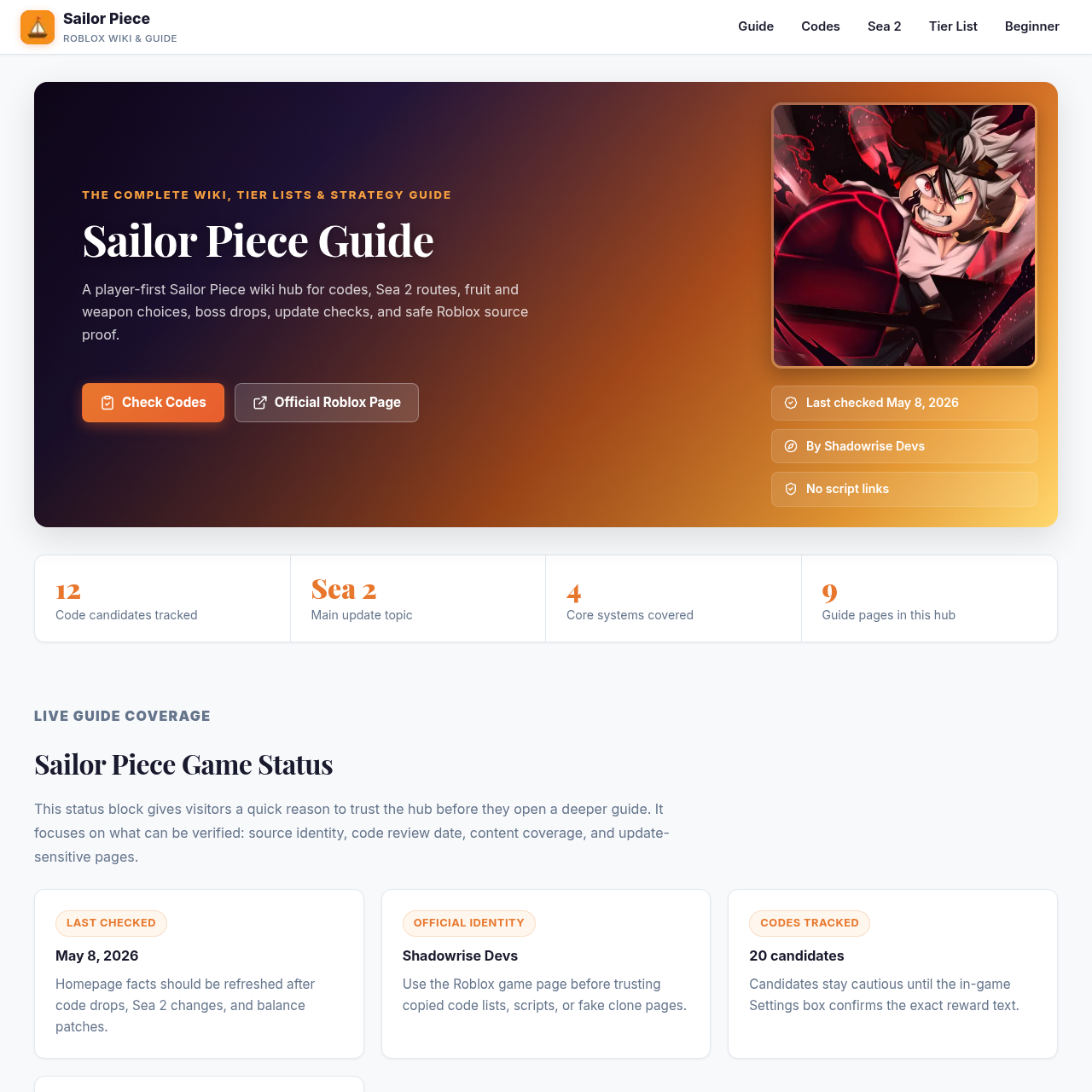 Sailor Piece Guide (May 2026): Codes, Sea 2, Tier List, Fruits & Weapons