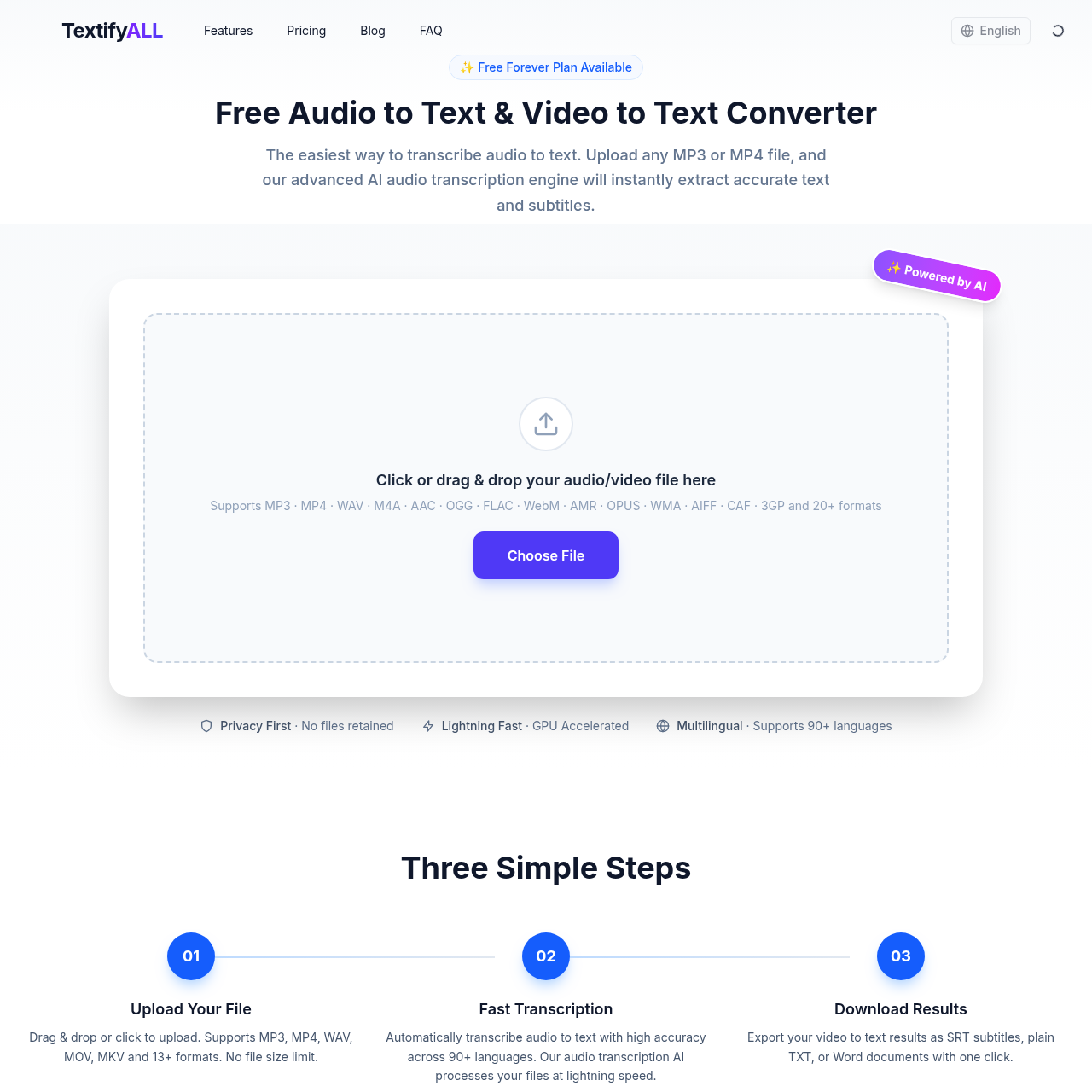 Free AI Audio to Text & Video to Text Converter | TextifyALL