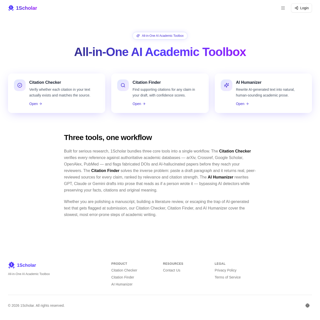 1Scholar AI Academic Toolbox for Citation Checking, Finding & Humanizing