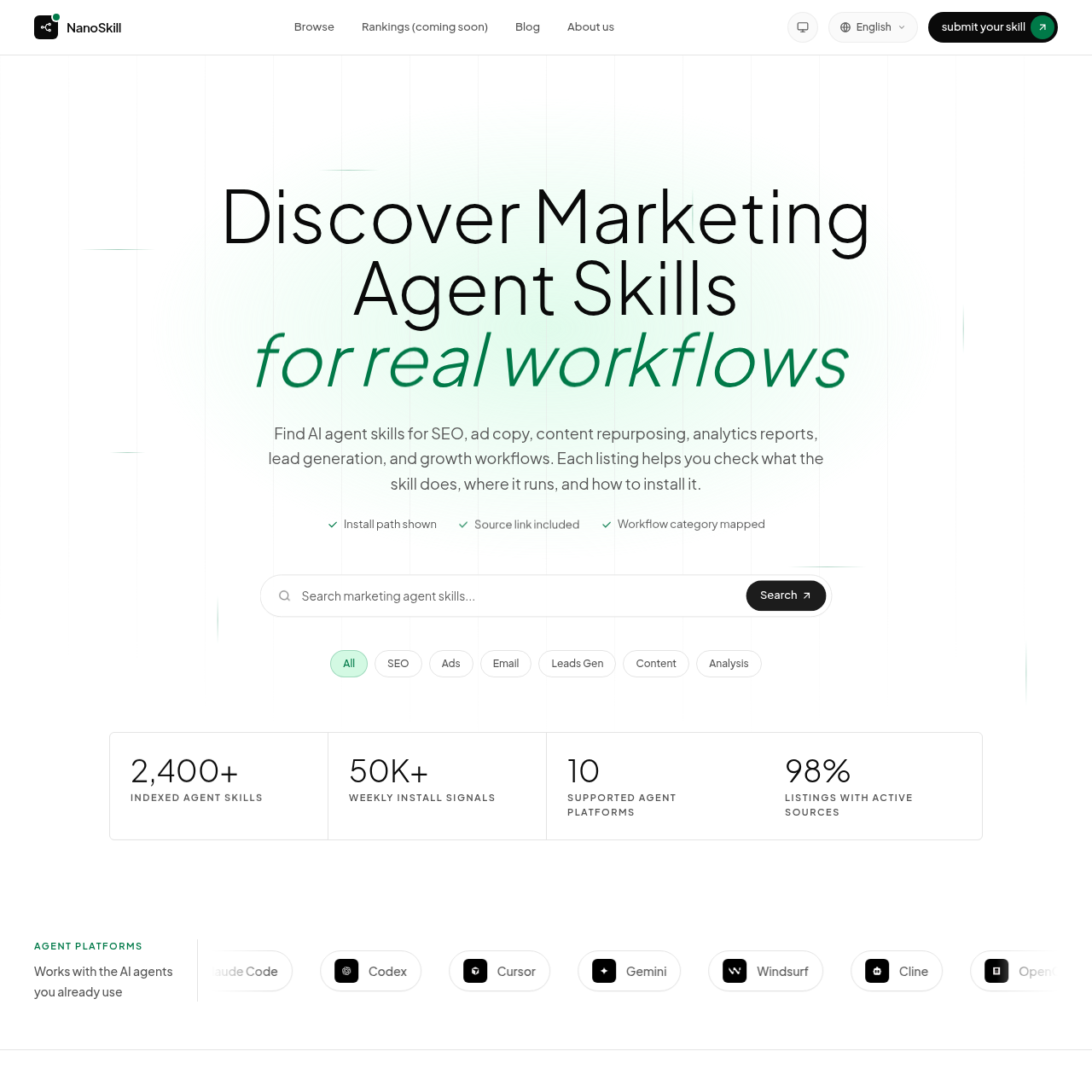 Marketing Agent Skills Directory for SEO, Ads & Email | NanoSkill