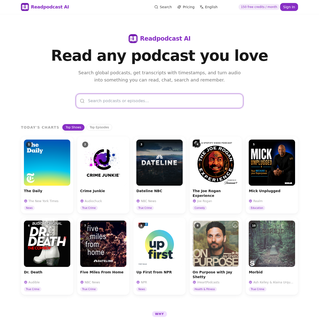 Readpodcast AI: Podcast Transcripts, Summaries & Chat