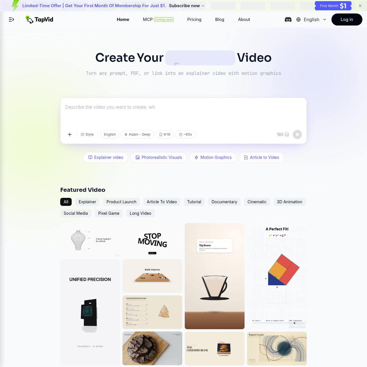 TapVid AI Video Generator for Explainer Motion Graphics