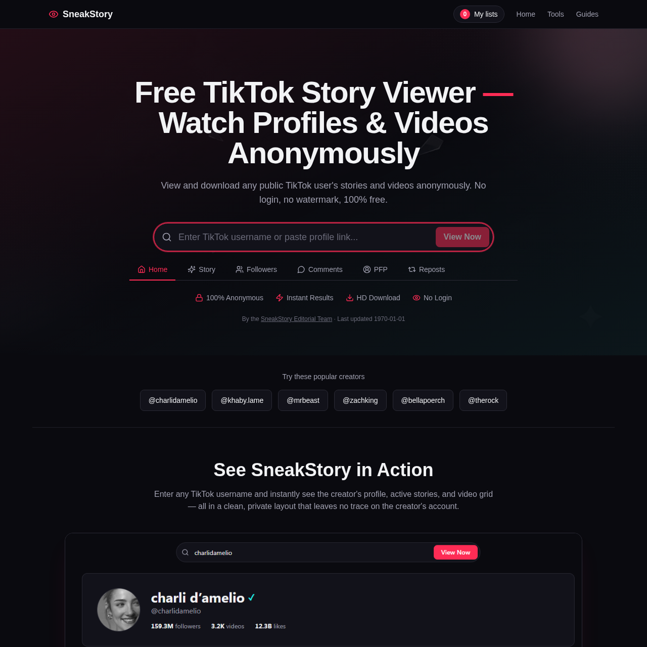 Anonymous TikTok Story Viewer, Downloader & Profile Viewer | SneakStory