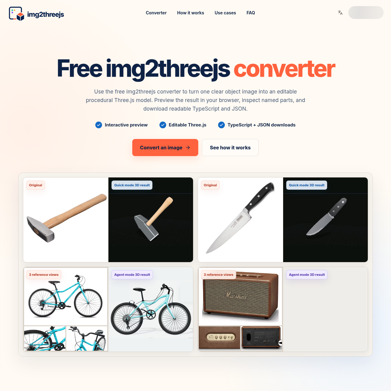 img2threejs Converter - Free Image to Editable Three.js Models