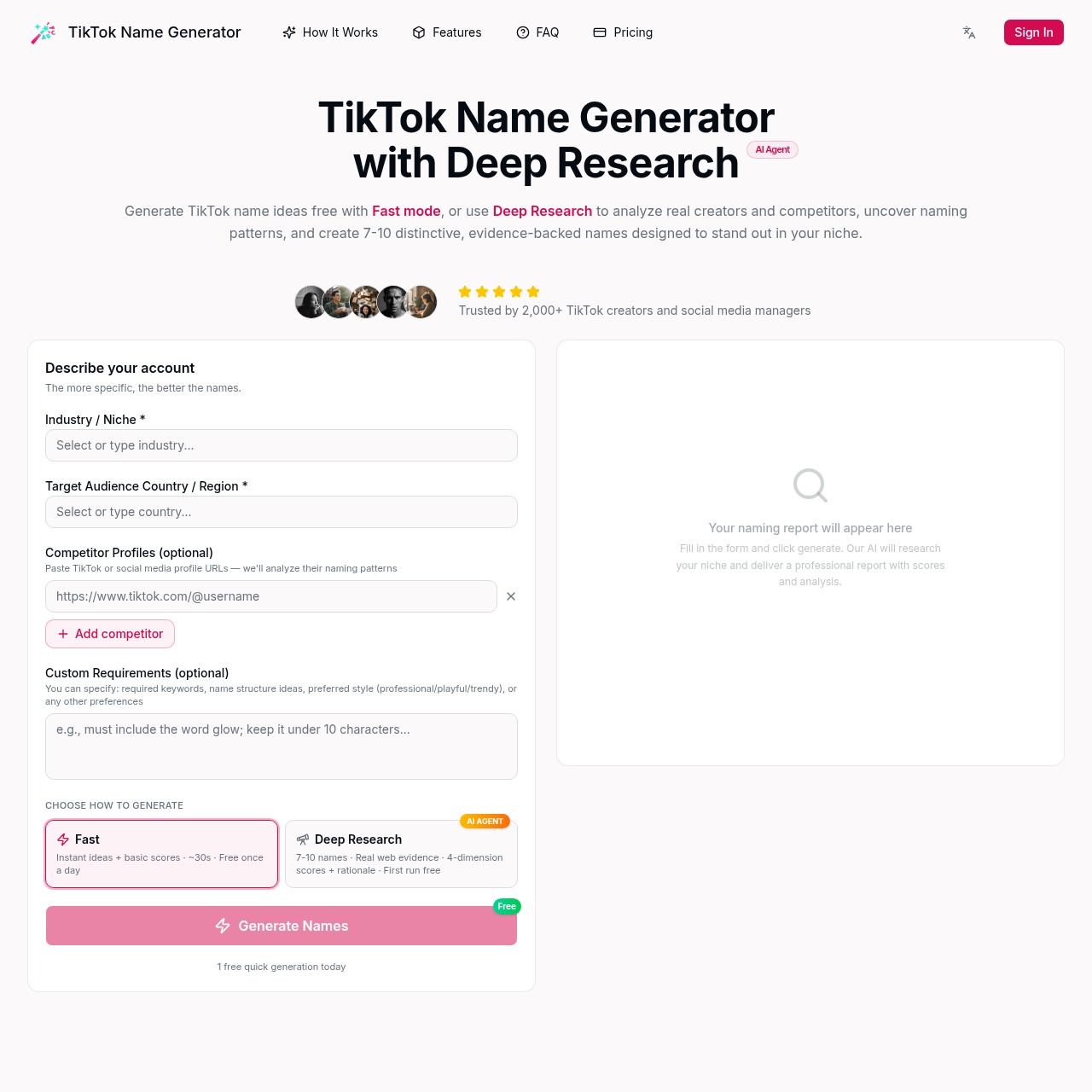 TikTok Name Generator AI | Deep Research by TikTok Name Generator