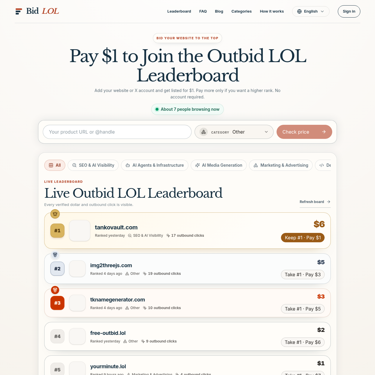 Outbid LOL Leaderboard | Bid LOL Pay-to-Rank Website Promotion
