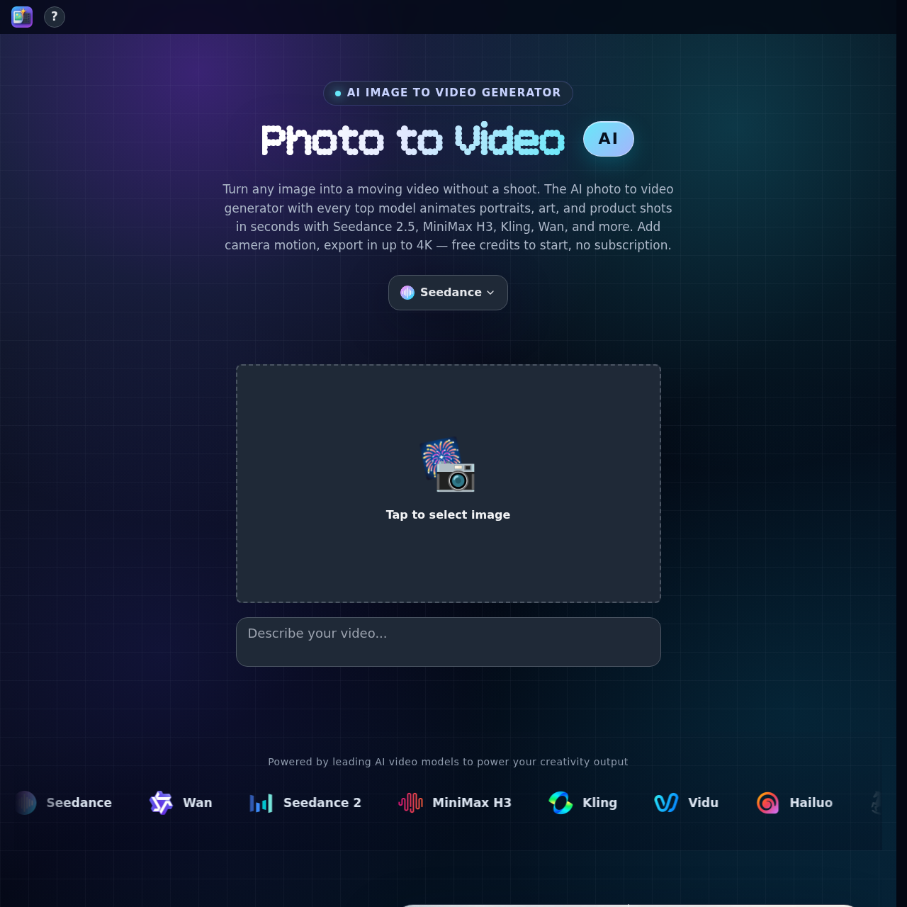 Photo2Video AI Generator | Image to Video with Seedance, Kling & Wan