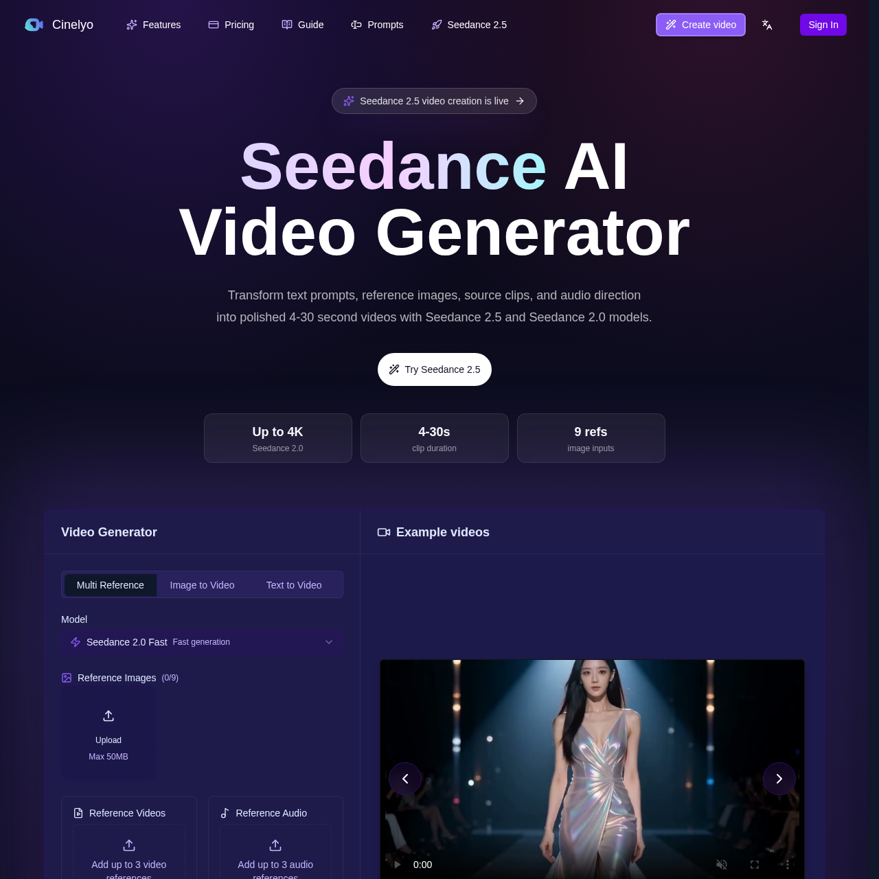 Cinelyo Seedance AI Video Generator | Text, Image & Audio to Video