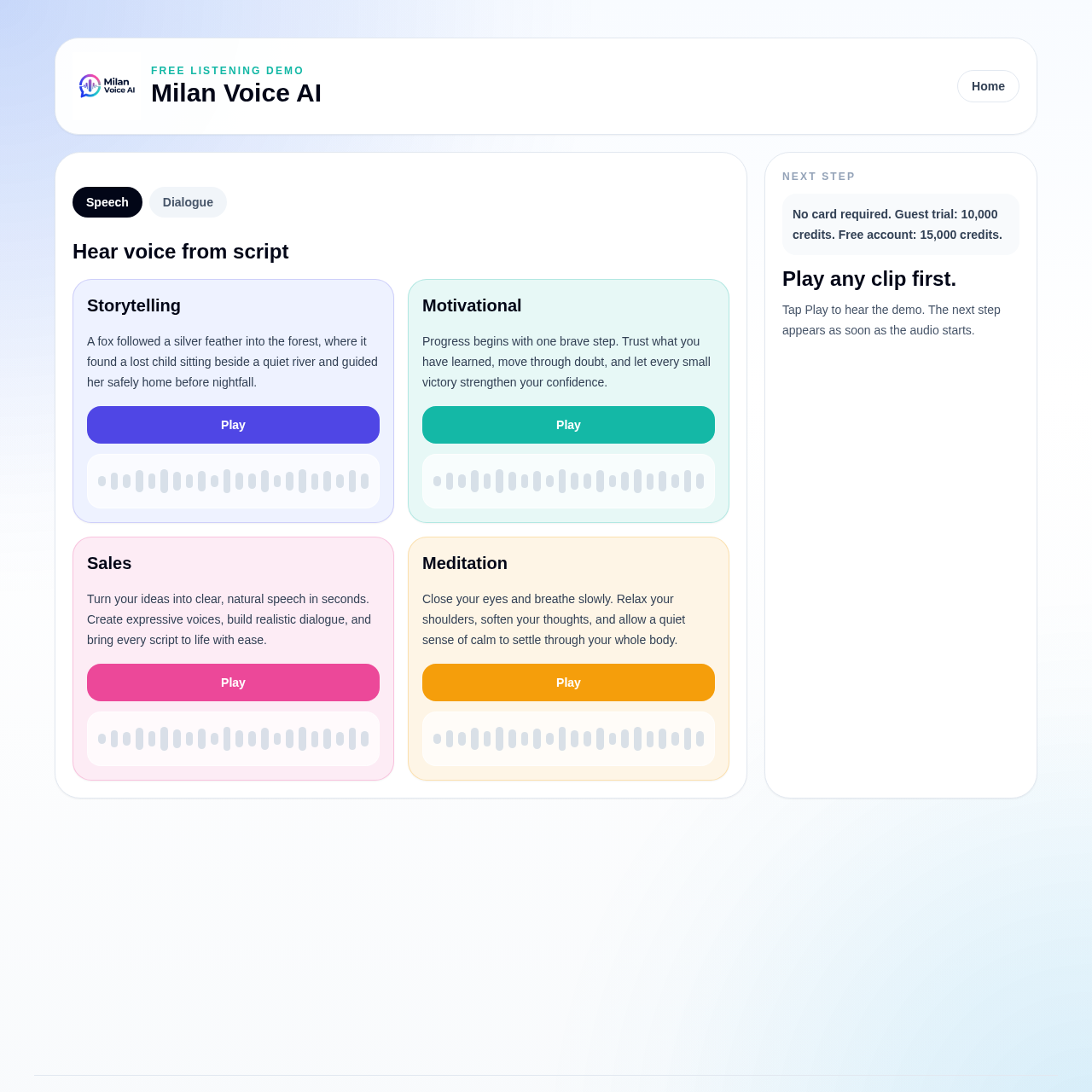 Milan Voice AI Demo | Text to Speech, Voice Cloning & Dialogue