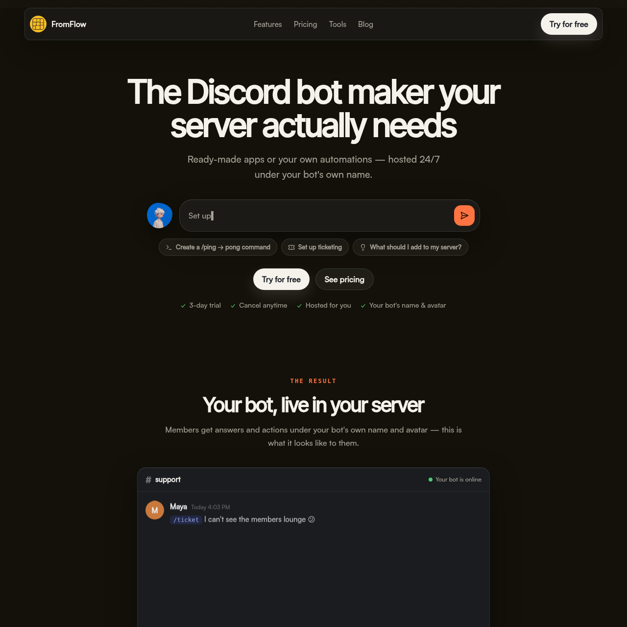 FromFlow Discord Bot Maker | No-Code AI Builder & 24/7 Hosting