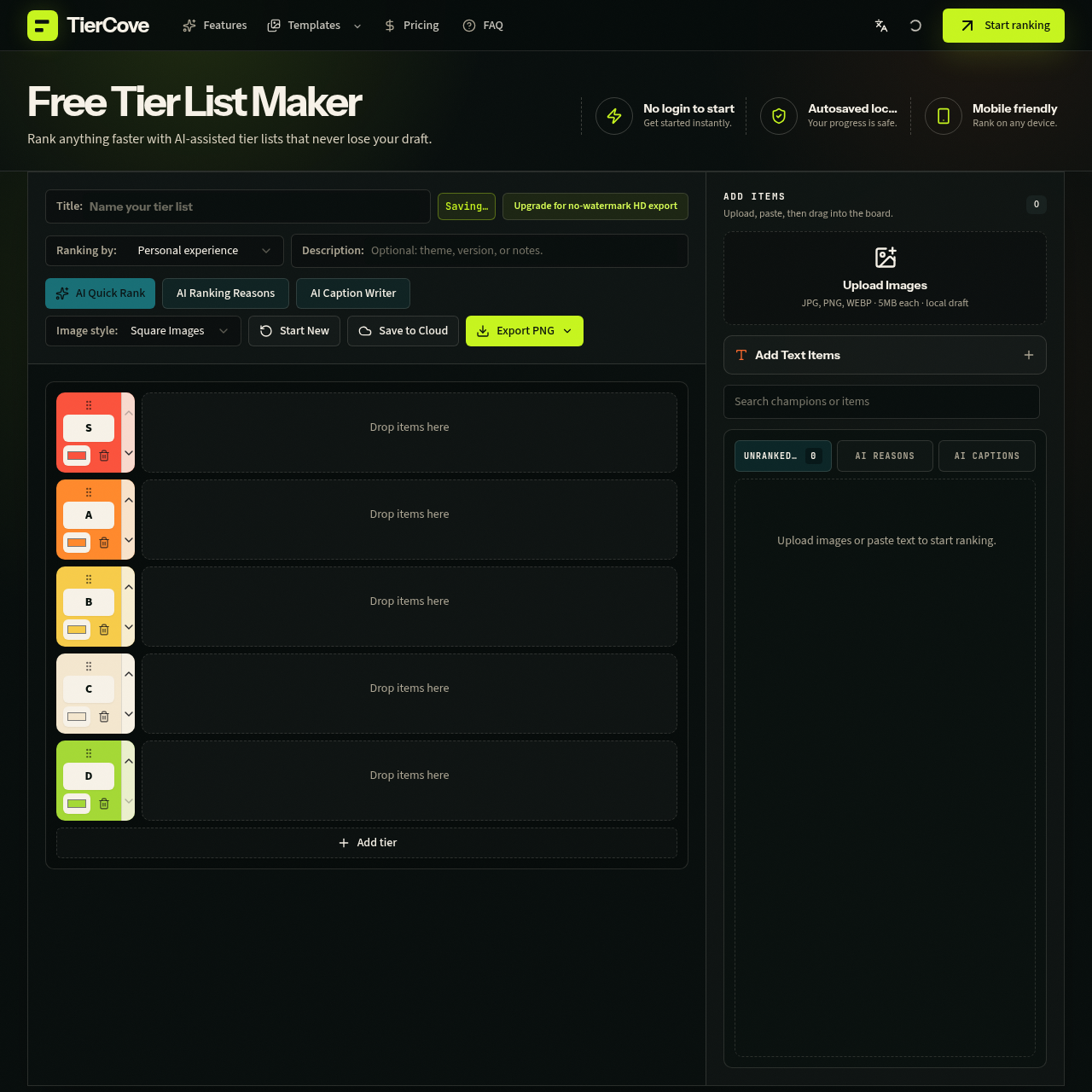 Tier List Maker with AI Ranking & Auto-Save | TierCove