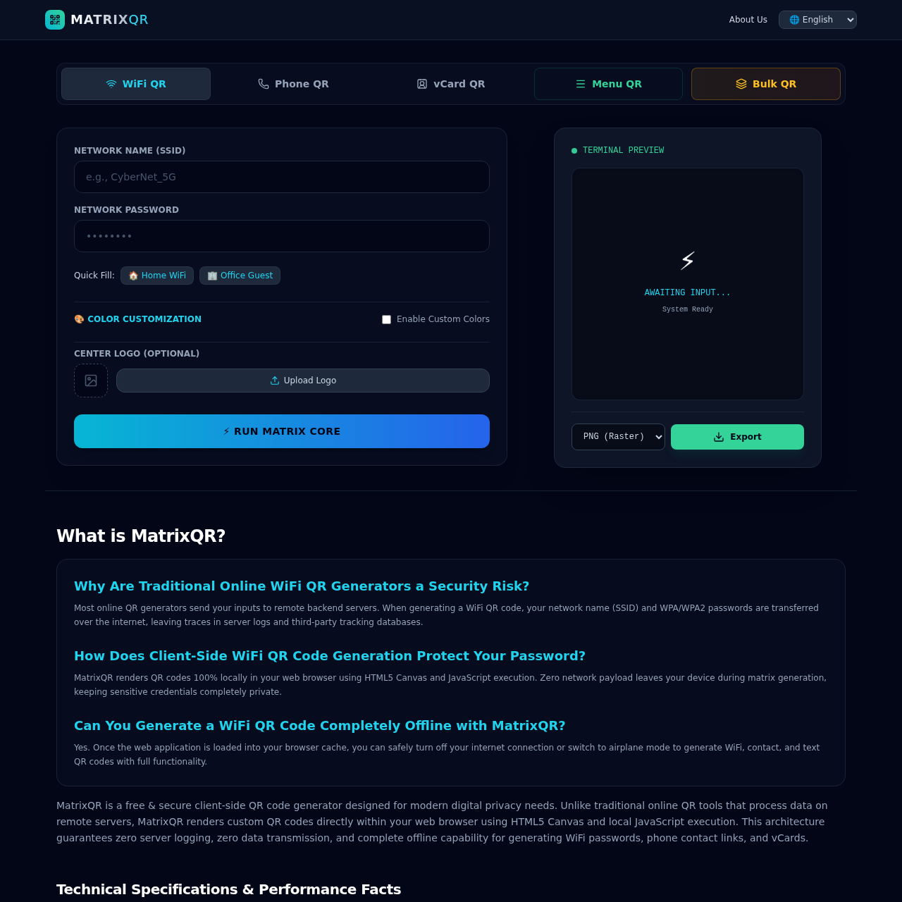 MatrixQR | Free Secure WiFi & vCard QR Code Generator