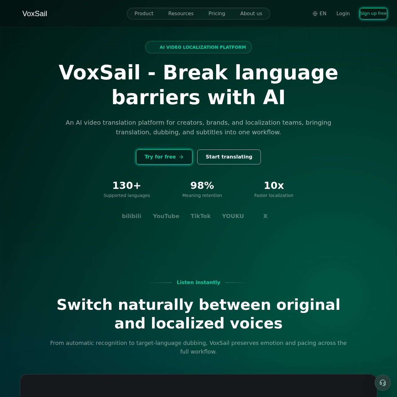 VoxSail AI Video Translator, Dubbing & Localization