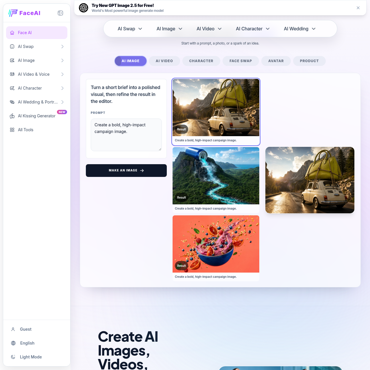 FaceAI | AI Image, Video, Character & Face Swap Tools