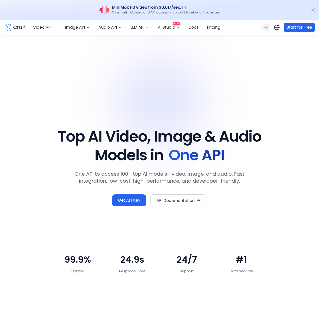Crun AI API Platform | Video, Image, Audio & LLM Models