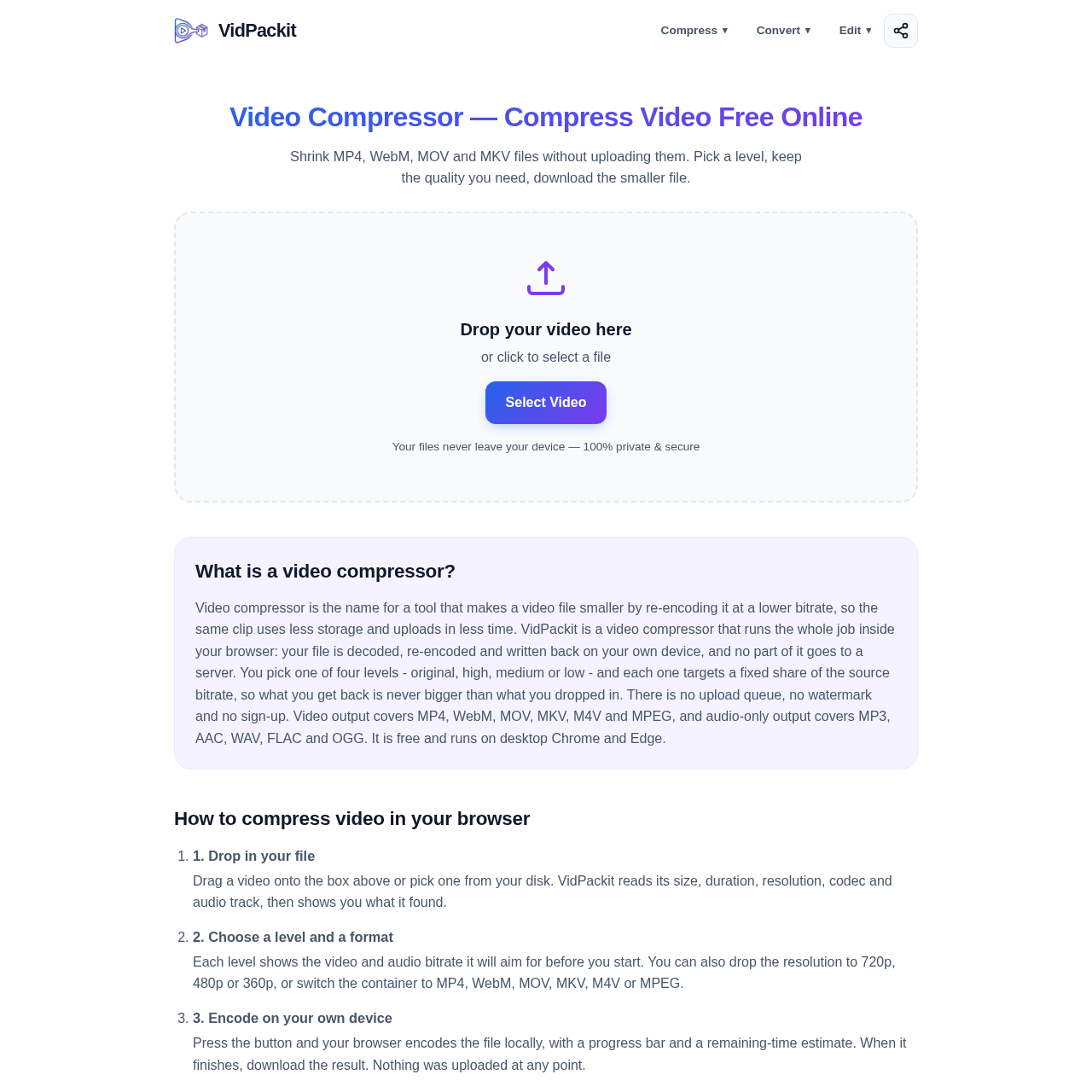 Video Compressor Online | Compress MP4, WebM, MOV & MKV Free - VidPackit