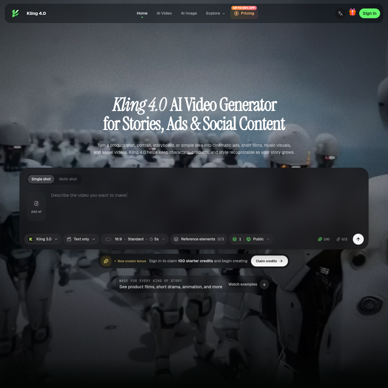 Kling 4.0 AI Video Generator | Stories, Ads & Social Content