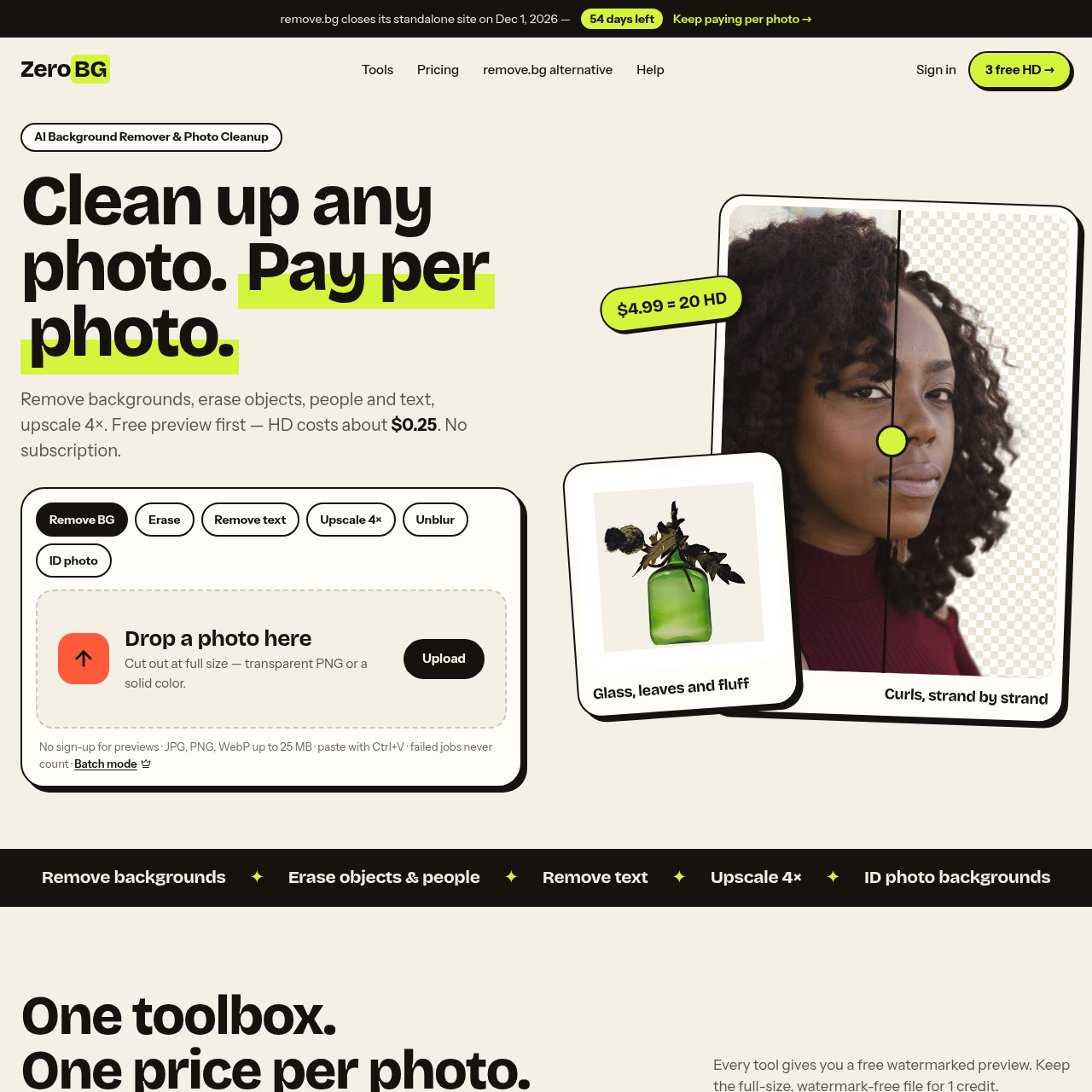 ZeroBG AI Background Remover, Photo Cleanup & Upscale Tools