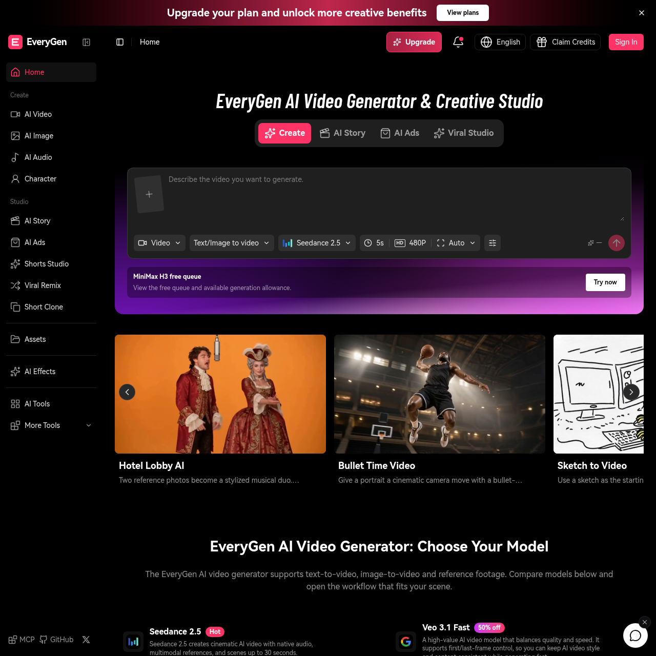 EveryGen AI Video Studio & Generator | Create Videos, Images, Audio