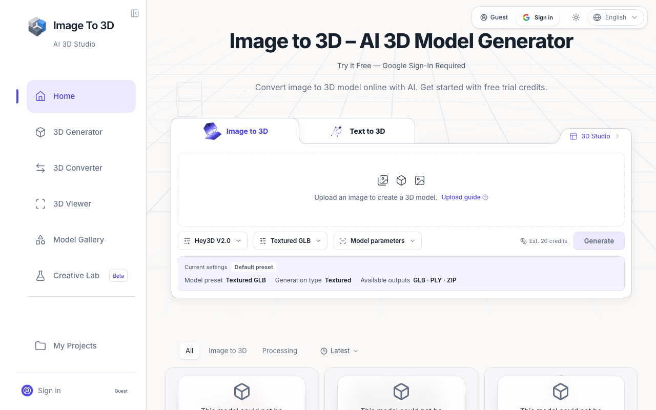 Image to 3D AI Studio | AI 3D Model Generator Free